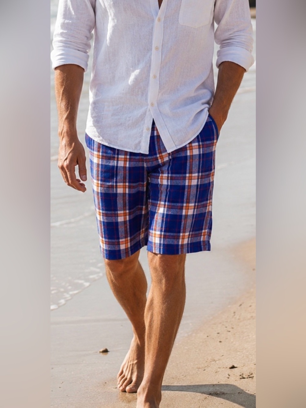 Member's Property Men’s Plaid Shorts Lightweight Blue Orange White Cotton SZ 42
